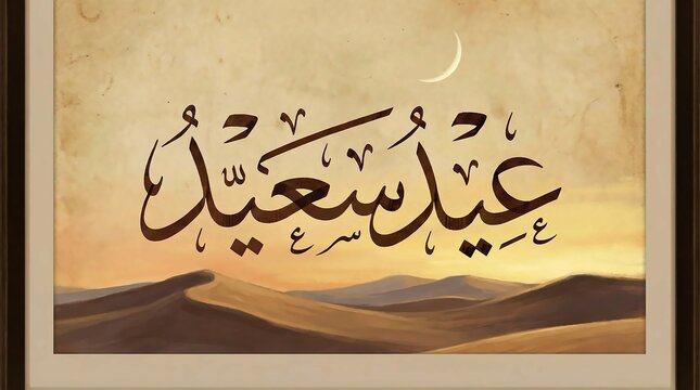 Eid Saeed Arabic Calligraphy Over Desert Dunes at Sunset