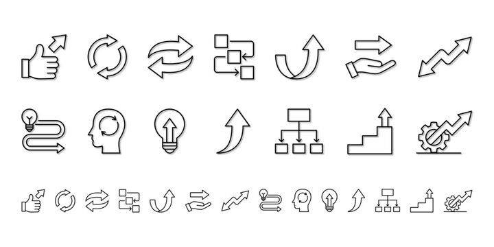 Arrow, flow, cycle and process line icon set with shadow and flat variations for update and workflow concepts