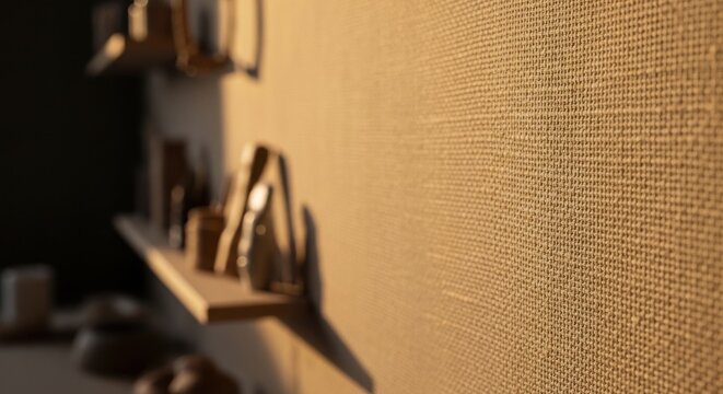 Close-up view of a textured beige Hessian wall with natural woven fibers and subtle lighting, showcasing interior design elements.