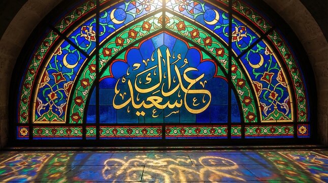 Ornate stained glass window with Arabic calligraphy celebrating Eid Saeed