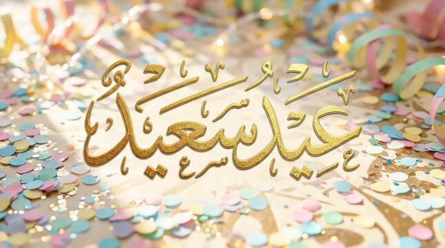 Golden Arabic Calligraphy 'Eid Saeed' with Festive Confetti Background