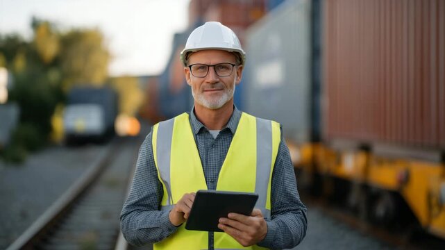 Medium shot of a professional man in safety vest and helmet, reviewing a tablet while standing between rows of cargo containers, railway tracks stretching into the distance, golden