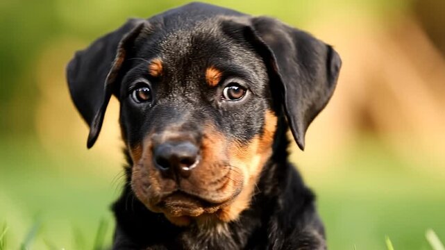 Adorable korea model puppy with a sweet expression, looking directly at the camera, set against a blurred green