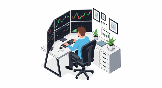 Isometric Illustration of a Professional Stock Trader Working at a Modern Desk with Multiple Monitors Showing Candlestick Charts and Financial Data.