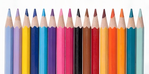 Fototapeta premium A vibrant row of colorful art pencils and wooden drawing equipment arranged in a rainbow group isolated on a white background for school education and office creativity