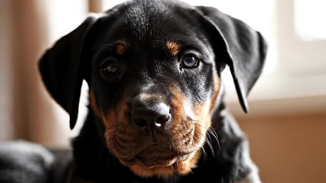 A charming rottweiler puppy close up, showcasing adorable puppy eyes and a sweet, innocent expression, perfect for pet