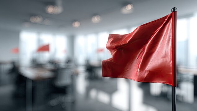 Red Flag Waving in Modern Office Space Symbolizing Warning or Danger.