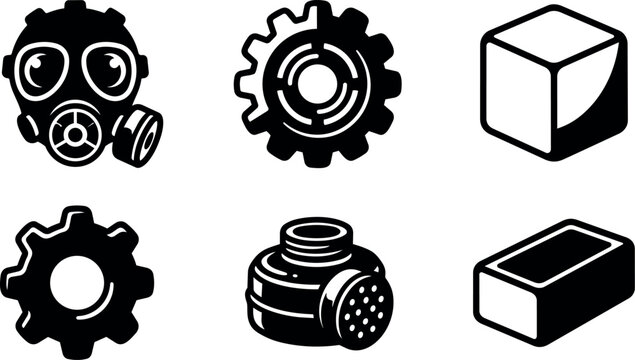 Black vector icons of gas mask gear and cuboid shapes set