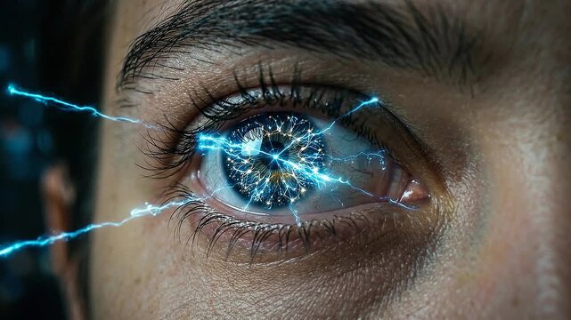 Electric eye neural spark ai content creation business futuristic iris with blue lightning glowing network pattern and abstract starburst reflection