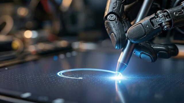 Robotic hand stylus touchscreen holographic interface futuristic technology glowing robot stylus drawing circuit on digital tablet AI content creation