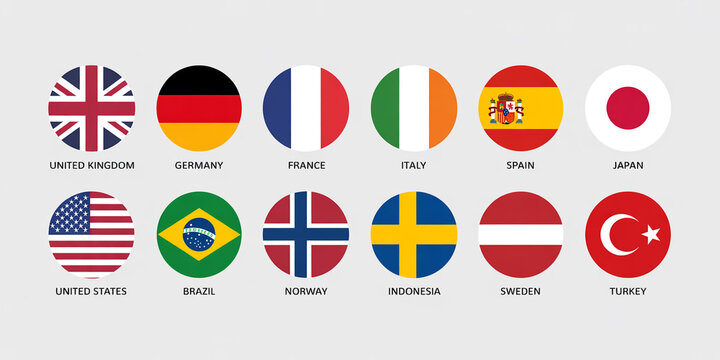 Vector set of 12 circular world flags with country names.