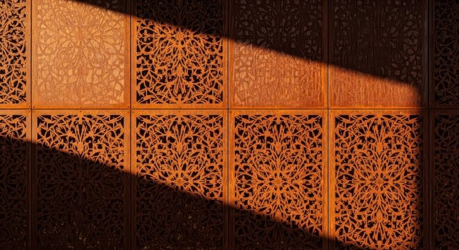 Corten steel panels featuring intricate laser-cut patterns and decorative designs, highlighted by dramatic sunlight and shadow.