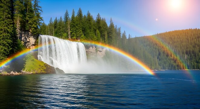 Wide waterfall flowing into a lake with a vibrant double rainbow arc d
