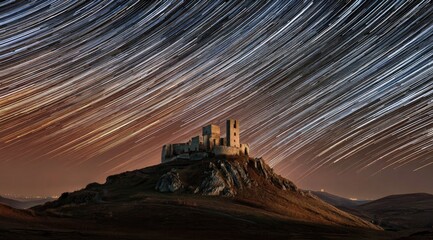 Fototapeta premium Ancient Castle Ruins Under a Starry Night Sky with Star Trails.