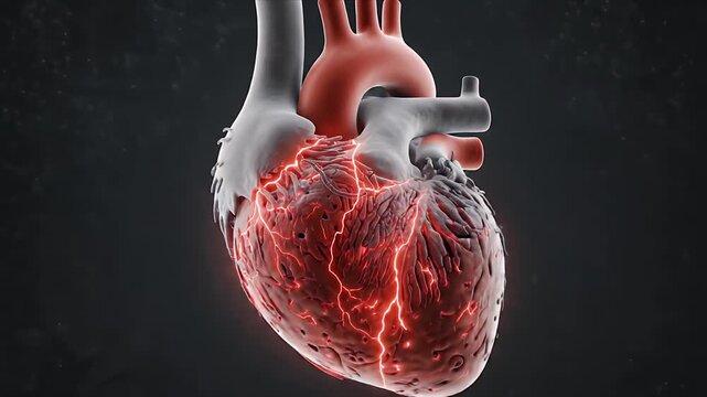 Close up 3D CGI medical animation of a distressed human heart with bright red electrical impulses showing myocardial distress or arrhythmia on a dark abstract background