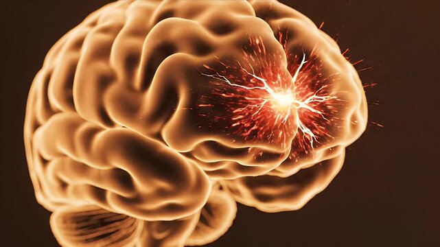 Close-up 3D CGI medical animation of a SARS-CoV-2 virus particle near a detailed glowing brain model with neural activity during a healthcare education presentation