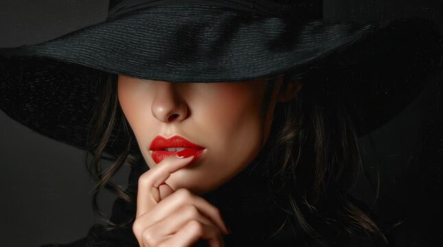a mysterious woman with dark hair, wearing an elegant black hat and red lipstick, holds her finger to her lips in the style of photorealistic paintings, mysterious portraits, noir style, hyper-realist