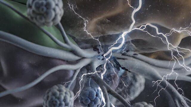Close up 3D CGI medical animation of glowing neural pathways and brain structures with electrical impulses traveling along nerve fibers in dark medical background suitable for neuroscience education