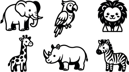 Obraz premium Black and white cute safari animals vector art set with lion elephant giraffe rhino zebra and parrot