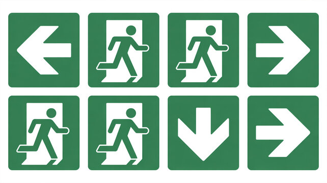 Collection of green emergency exit and fire exit signs.