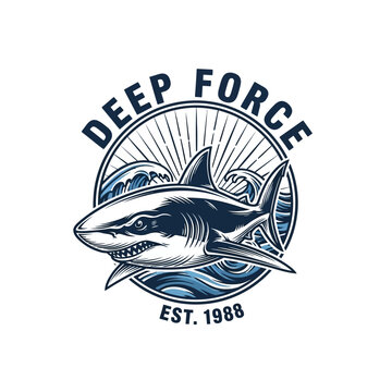 Deep Force Est 1988 shark logo with waves and sunburst.