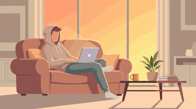 Remote Worker Relaxing on Sofa with Laptop Casual Home Office Illustration