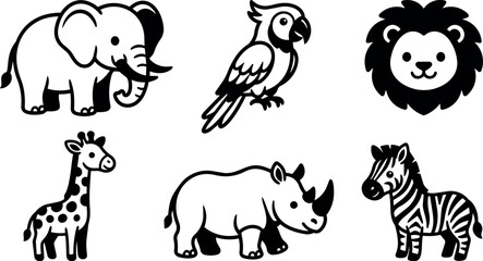 Obraz premium Elephant giraffe lion zebra rhino and parrot animals