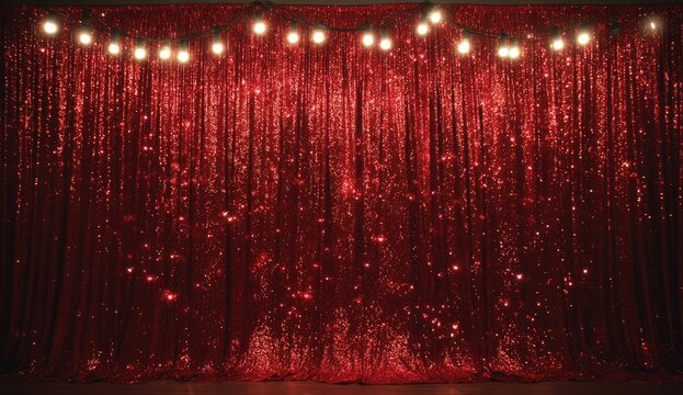 Elegant Red Sequin Curtain with Warm String Lights Above.