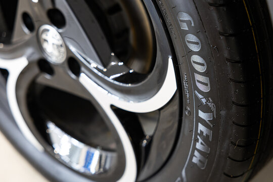 Goodyear tire sidewall logo and rubber texture close-up