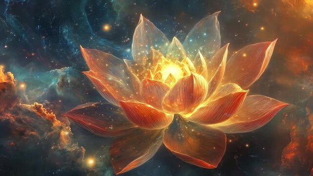 Glowing lotus flower in celestial nebula with illuminated petals