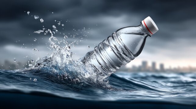 Water bottle splashes in urban water surface during weather event