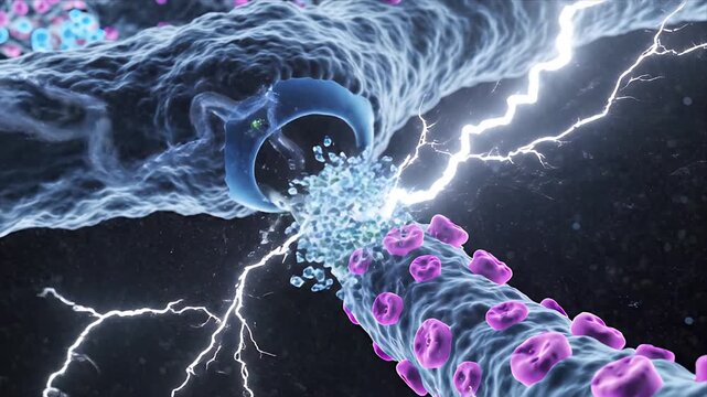 Close up 3D CGI microscopic view of blood vessel interior with circulating red blood cells and nanoparticles representing drug delivery system in a dark medical background suitable for healthcare