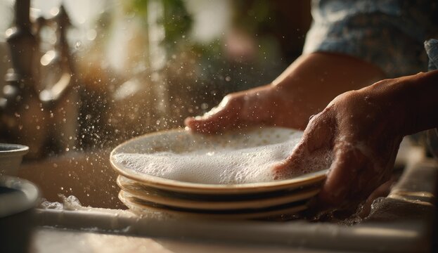 Close-up of hands washing a stack of plates in a sink with soapy water splashing.