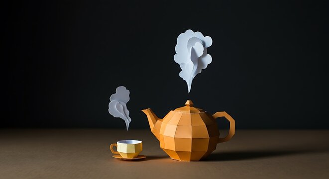 3D paper sculpture of a teapot with white paper steam rising and a small paper cup