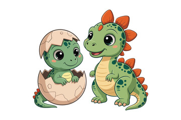 Naklejka premium Adorable cartoon dinosaurs a baby hatching from an egg and a larger one looking on on transparent background high-quality professional.