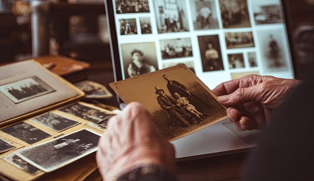 Elderly hands holding old photograph with laptop displaying vintage images.