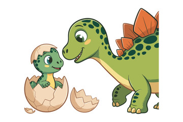 Naklejka premium A charming cartoon illustration depicts a baby stegosaurus emerging from an egg watched over by its mother on transparent background.