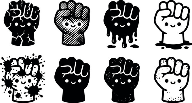 Black and white cartoon raised fists with cracked and splattered texture icon set