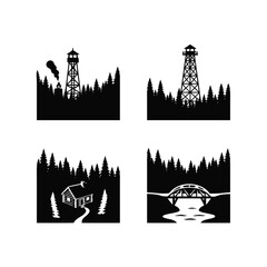 Obraz premium Black and white forest landscape illustrations featuring a fire lookout tower, a rustic cabin, and a bridge over a river, ideal for outdoor and nature themed designs.