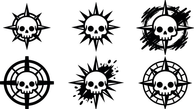 Black and white skull with compass points and grunge splatter vector art