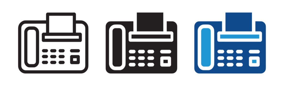 Fax machine icon set office communication device symbols in outline and solid style vector illustration collection