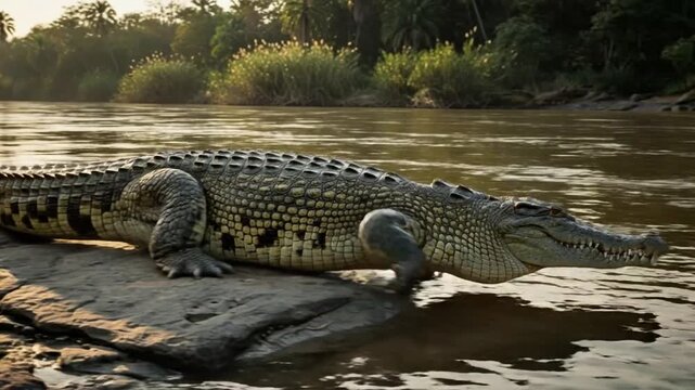Large Nile Crocodile Basking on Riverbank in African Wilderness at Sunset