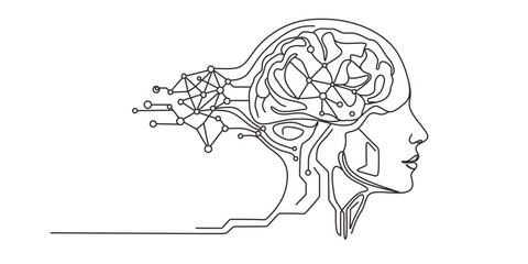 Naklejka premium Continuous line drawing head artificial intelligence technology robot brain. Vector illustration isolated on white.