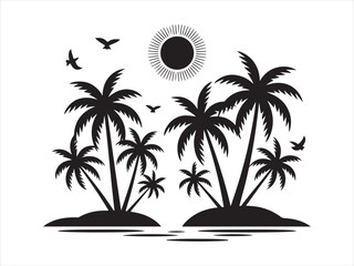 Fototapeta premium Silhouette of tropical islands with palm trees and sun summer beach vector illustration