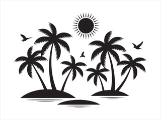Fototapeta premium Silhouette of tropical islands with palm trees and sun summer beach vector illustration