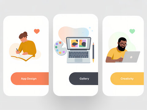 Flat illustration of three mobile app onboarding screens showcasing app design, gallery with creative tools, and creativity concepts with diverse character illustrations.