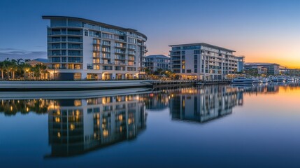 Fototapeta premium Discover the pinnacle of tranquil luxury where modern architecture meets the still waters of a sunset harbor.
