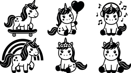 Obraz premium Cute black and white unicorns with balloon skateboard headphones and flower crown