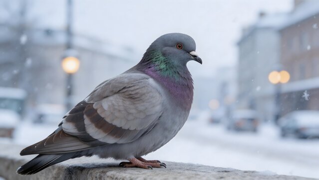 Pigeon perched on ledge in snowy urban setting