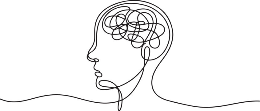 Head with confused think. Continuous one line drawing. People Mental health issue concept. one line Icon drawing
